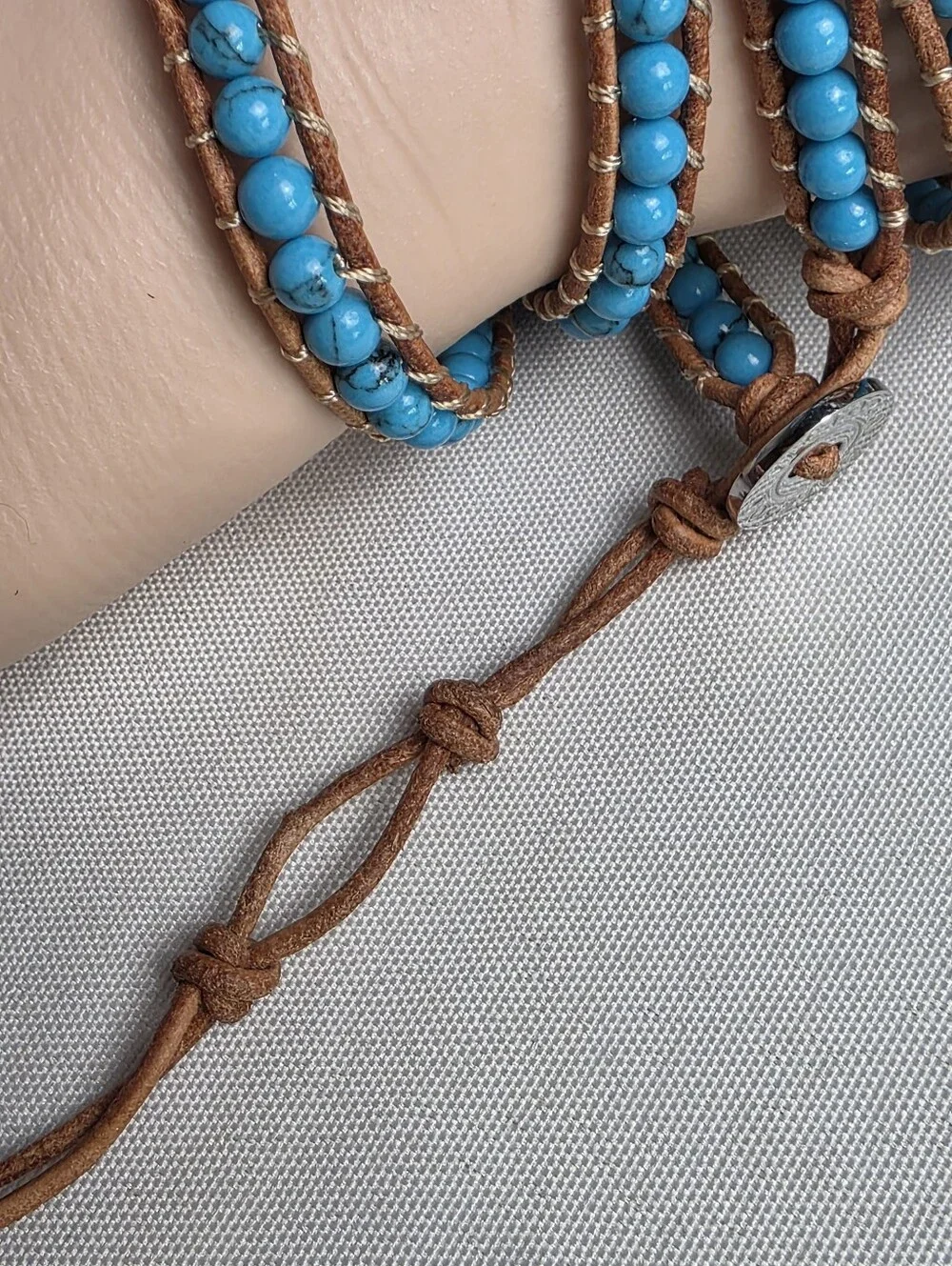 Victoria Emerson Turquoise Color Beaded Brown Leather Wrap Bracelet 33-36
